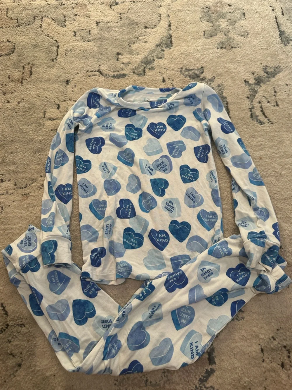 Blue Heart-Print Long Sleeve Pajama Top
